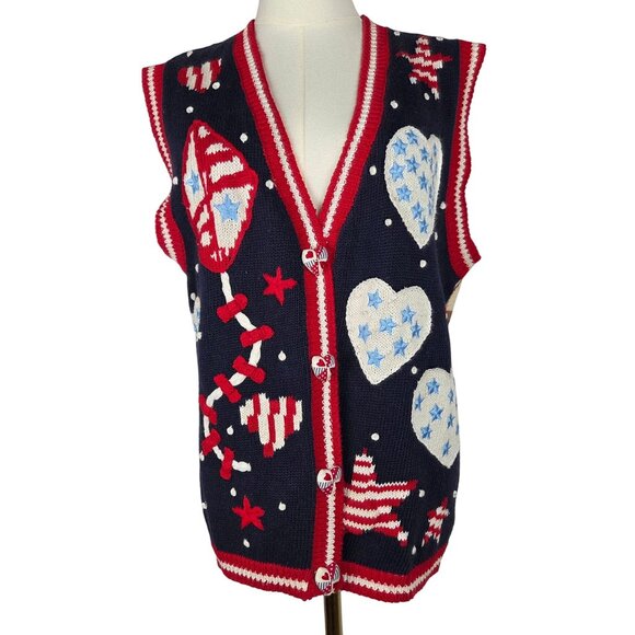Vintage '96 Eagles Eye Collectibles Patriotic Parade Knit Vest Medium Navy Red - Picture 2 of 14